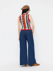 Knit Crochet Asymmetrical Neck Stripe Colorblock Tie Front Vest