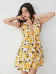 Cotton-blend Lemon Graphic V-neck Bowknot Babydoll Mini Dress