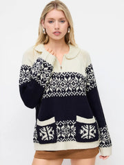Knit Collar Aztec Half Zip Long Sleeve Top