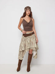 Floral Ruffled Asymmetrical Hem Flared Midi Skirt
