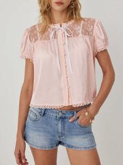 Satin Round Neckline Lace Panel Tie Front Oversized Blouse