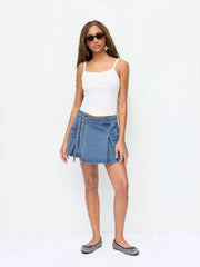 Denim Low Rise Washed Wrap Pocket A-line Mini Skort