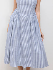 Cotton-blend Boat Neck Striped Ruffle Maxi Dress