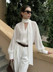 V-Neck Long Sleeve Blouse With Scarf