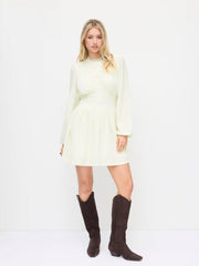 Velvet High Neck Lantern Long Sleeve Contrasting Lace Cinched Waist Mini Dress