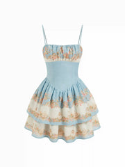 Sculptural Square Neck Floral Tiered Flared Mini Cami Dress