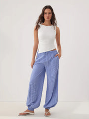 Cotton-blend Textured Drawstring Tank Top & High Rise Striped Joggers Set