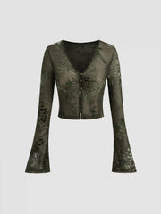 V-neck Floral See-through Cropped Bell Sleeve Blouse