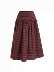 Cotton Mid Rise Plaid Bowknot Ruched Midi Skirt