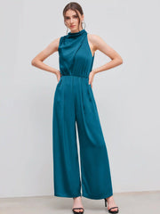 Satin High Neck Solid Zipper Pleated Wide Leg Jumpsuit