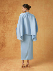 Satin Batwing Sleeve Asymmetrical Hem Rhinestone Maxi Dress