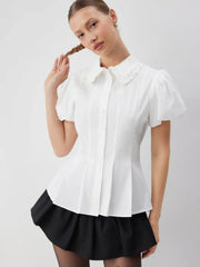 Cotton-blend Puff Sleeve Peter Pan Collar Peplum Blouse