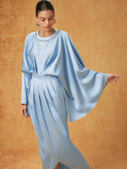Satin Batwing Sleeve Asymmetrical Hem Rhinestone Maxi Dress