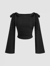 Boat Neck Bowknot Ruched Long Sleeve Top