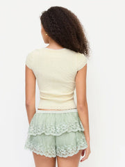 Cable Knit Square Neck Short Sleeve Lace Trim Top