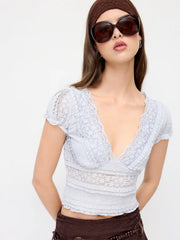 Lace V-neck Floral Puff Short Sleeve Top