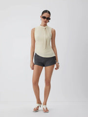 Stand Collar Tie-Neck Ruched Stitch Tank Top