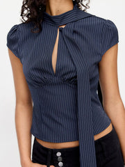 Striped Stand Collar Cut Out Blouse With Scarf