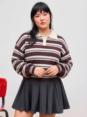 Knit Polo Stripd Lantern Sleeve Top Curve & Plus