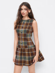 Round Neckline Tartan Ruffle Mini Babydoll Dress