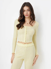 Square Neck Pointelle Lettuce Trim Top & High Rise Bowknot Flared Trousers Loungewear Set