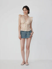 Cotton-blend Stripe Floral V-neck Ruffle Sleeve Lace Trim Blouse