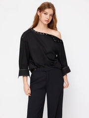 Cotton-blend Asymmetrical Neck Button Stitch Long Sleeve Oversized Blouse
