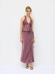 Satin Halter Top and Wrap Maxi Skirt Set
