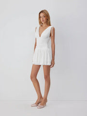 Jacquard V-neck Ruffled Ruched Mini Dress