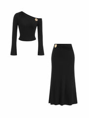 Asymmetrical Metal Detail Off-shoulder Top & Mid Rise A-line Midi Skirt Set