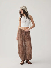 Chiffon Mid Rise Floral Paisley Drawstring Balloon Pants