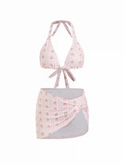 Halter Neckline Floral Ring Linked Low Rise Triangle Bikini Set With Skirt