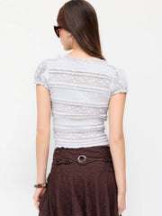 Lace V-neck Floral Puff Short Sleeve Top