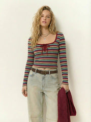 Cotton-blend Square Neck Striped Lace Up Knotted Long Sleeve Tee
