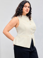 Woven Boat Neck Solid Button Vest Curve & Plus