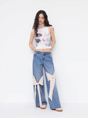 Cider Denim Low Rise Ditsy Floral Bowknot Wide Leg Jeans