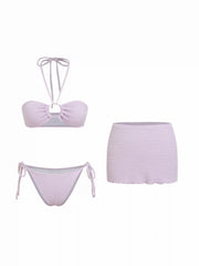 Halter Neckline Textured Ring Linked Bandeau Tie Side Bikini Set With Skirt