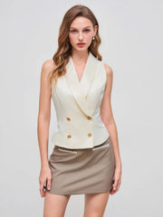 Satin Collar Solid Button Blazer Vest