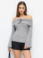 Knit Wool-blend Off-shoulder Bell Sleeve Metal Button Top