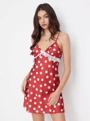 V-neck Polka Dot Lace Trim Bow Decor Mini Nightdress With Removable Padding