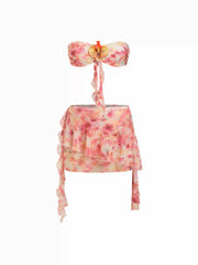 Floral Flower Detail Bandeau Bikini Set With Ruffle Beach Skirt