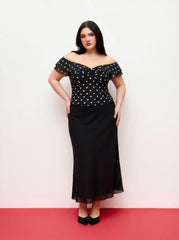 Mesh Polka Dot Off-shoulder Ruffled Top & Mid Rise Mermaid Maxi Skirt Set Curve & Plus