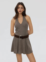 Houndstooth Halter Neckline A-line Mini Dress With Belt