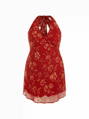 Chiffon Floral Halter Neckline A-line Midi Dress Curve & Plus
