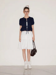Denim Tie Front Bow Puff Sleeve Oversized Blouse