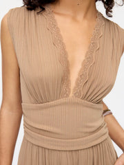 V-neck Lace Trim Ruched Wide Leg Jumpsuit