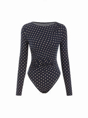 Polka Dot Boat Neck Long Sleeve Ruched Bodysuit