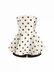 Polka Dot Strapless High Rise Colorblock Peplum Hem Romper