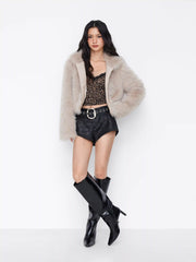 Faux Fur Hooded Zip Through Long Sleeve Jacket