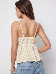 Cotton Floral Sweetheart Lace Panel Shirred Peplum Cami Top